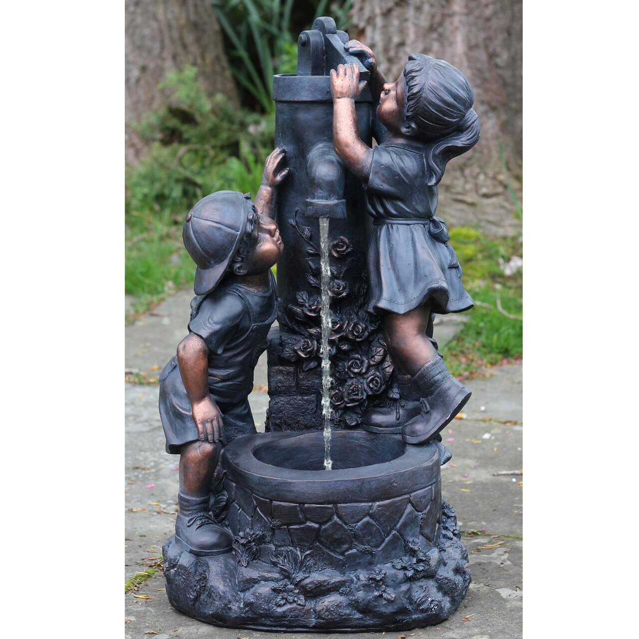 29" Bronze Children at the Water Pump Well Outdoor Garden Water Fountain